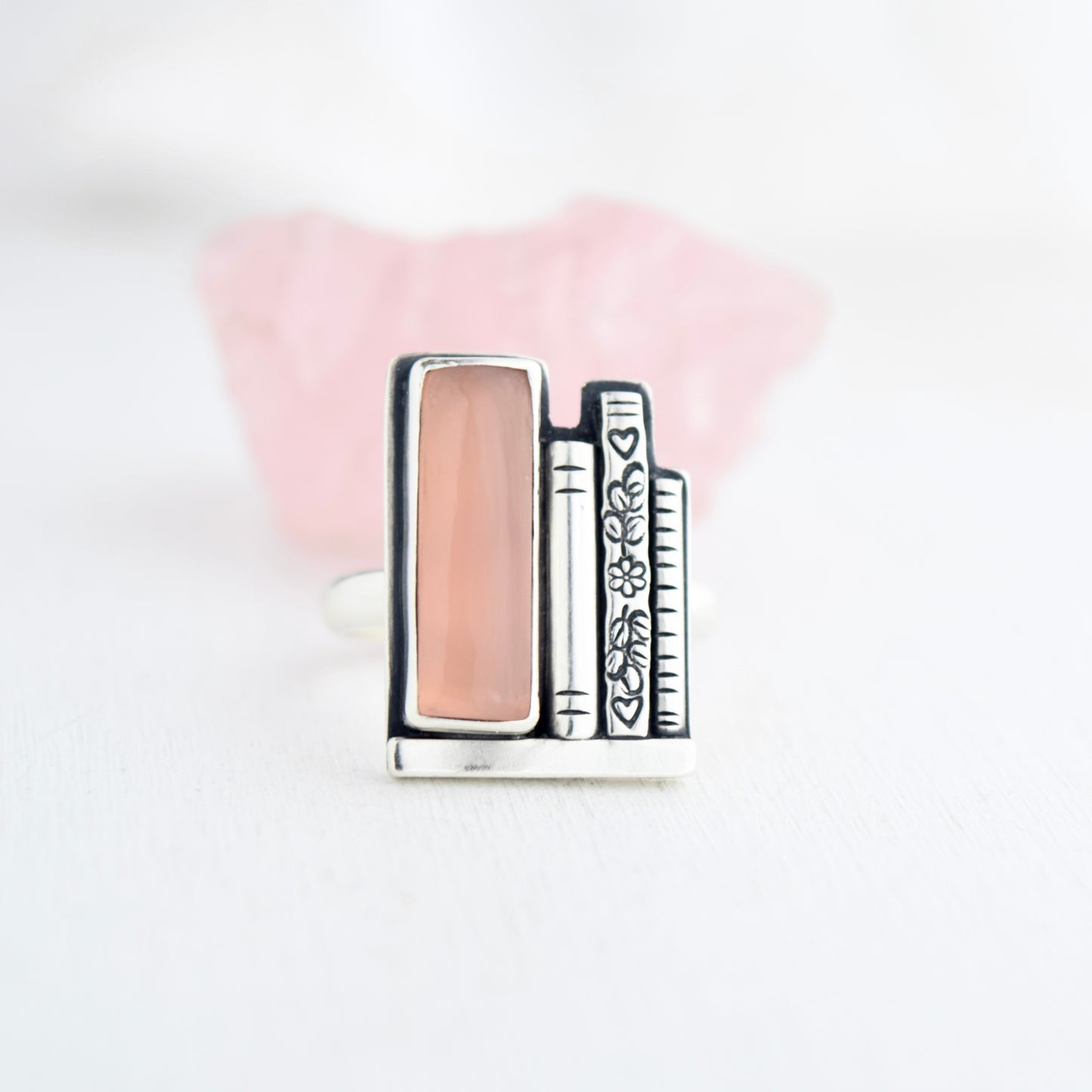 Bookshelf Ring with Pink Chalcedony Size 8