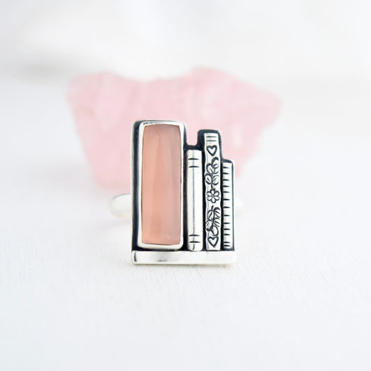 Bookshelf Ring with Pink Chalcedony Size 8