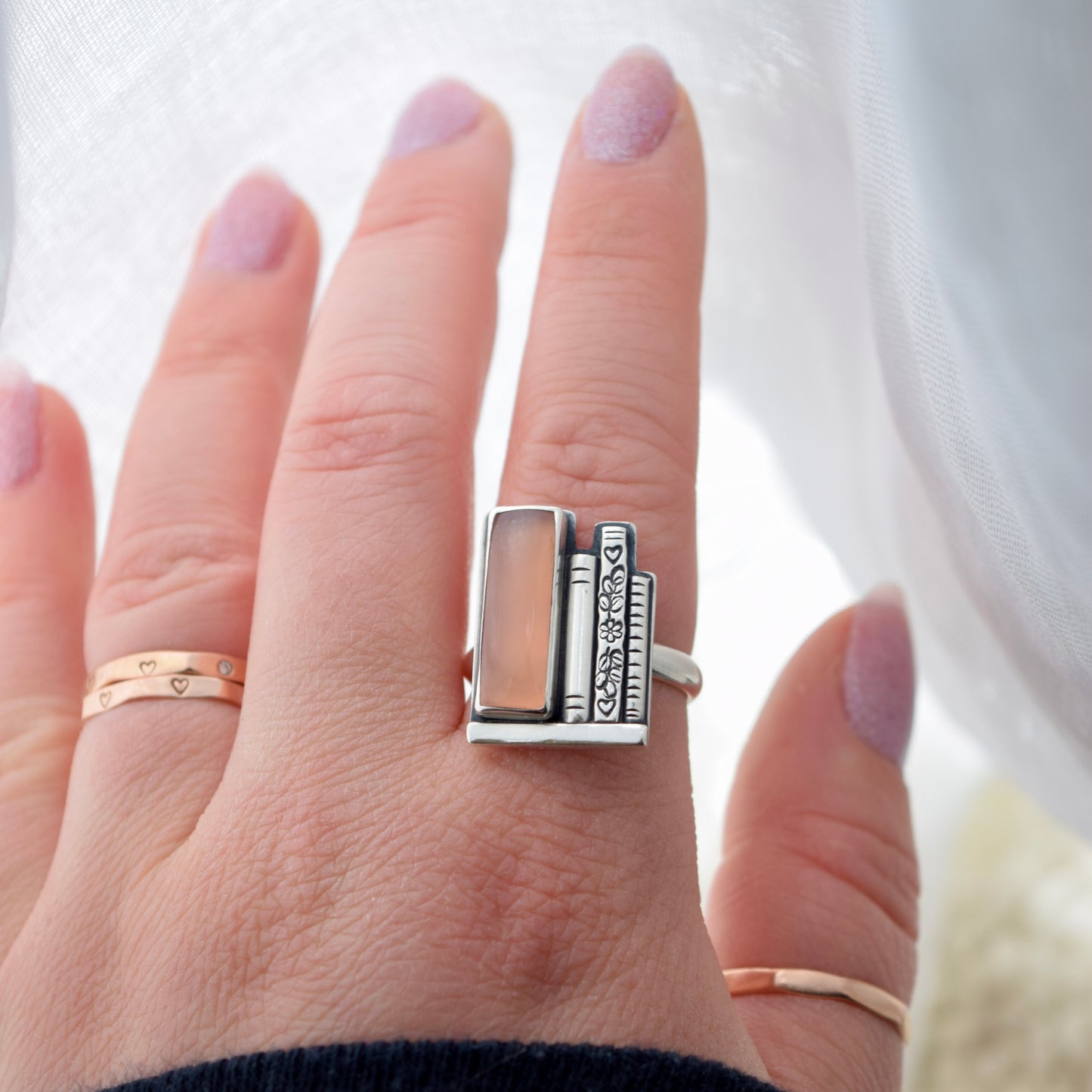 Bookshelf Ring with Pink Chalcedony Size 8