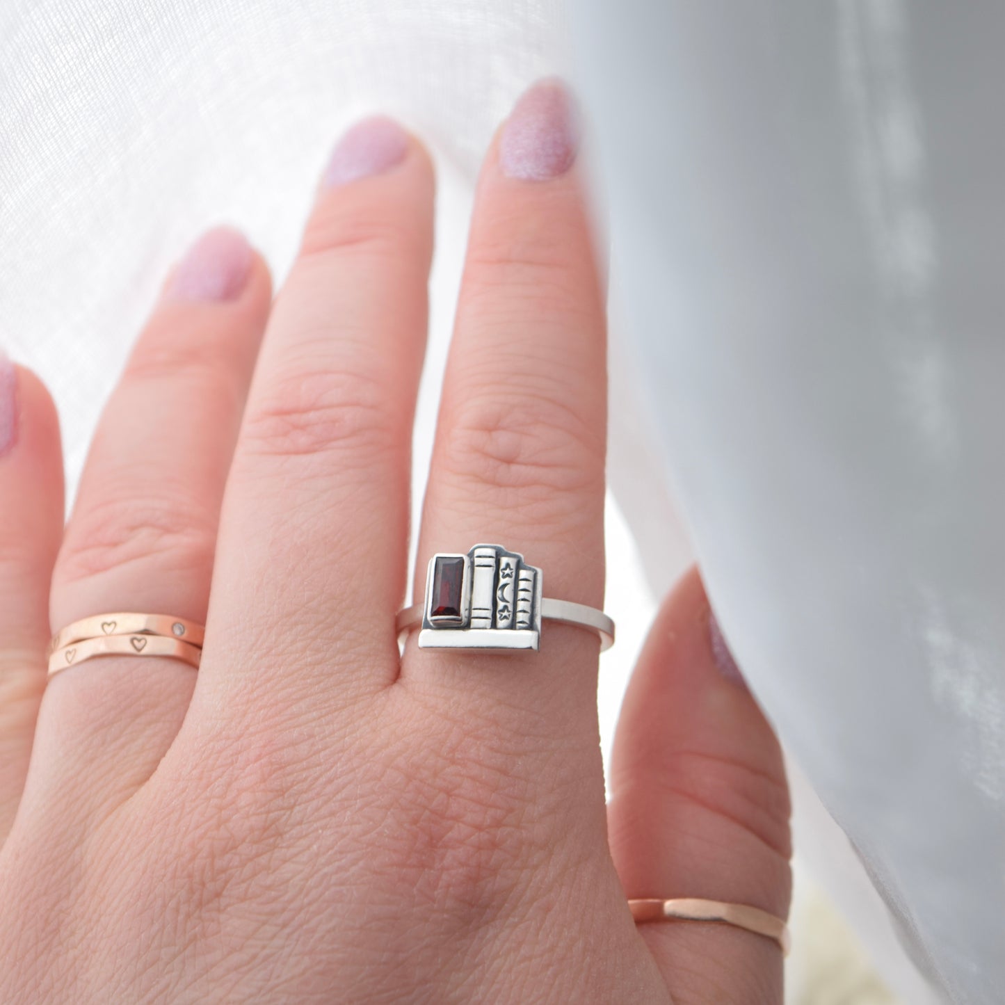Mini Bookshelf Ring with Garnet Size 9