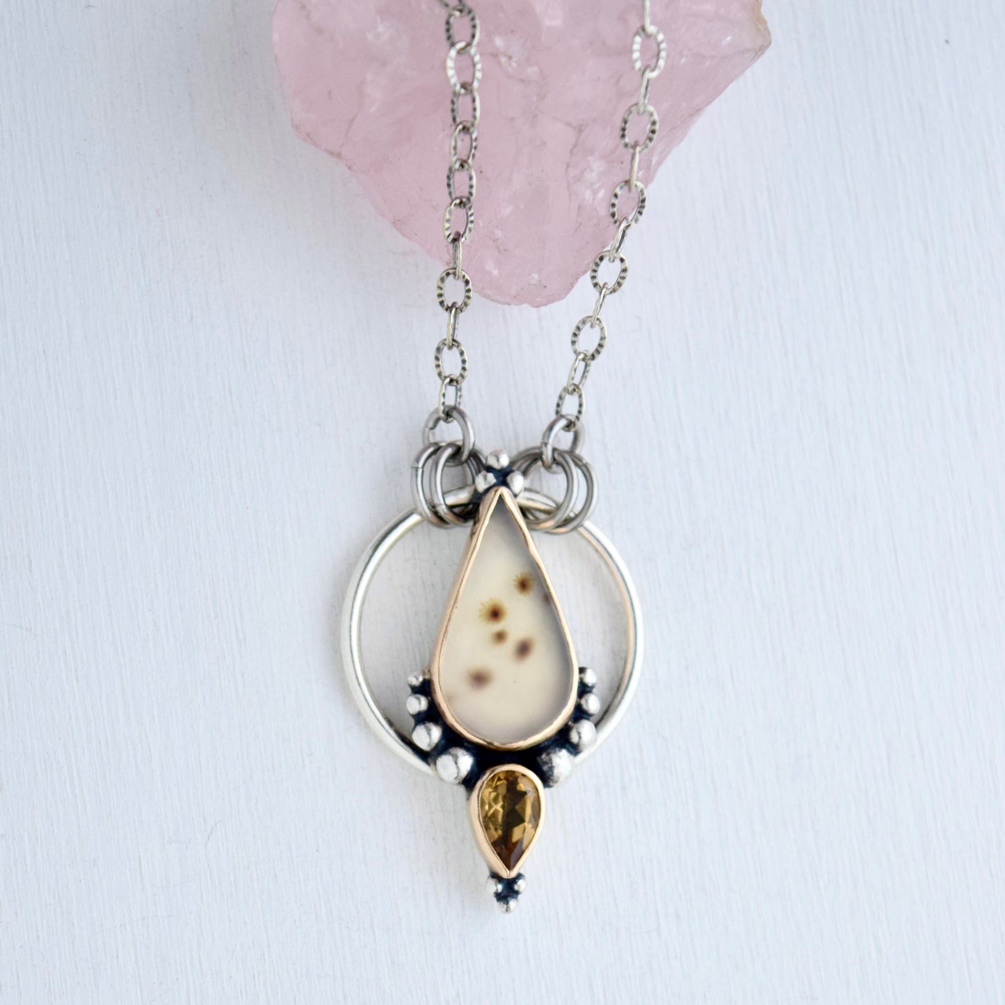 Pendulum Pendant with Scenic Dendritic Agate, Gold Fill, and Citrine
