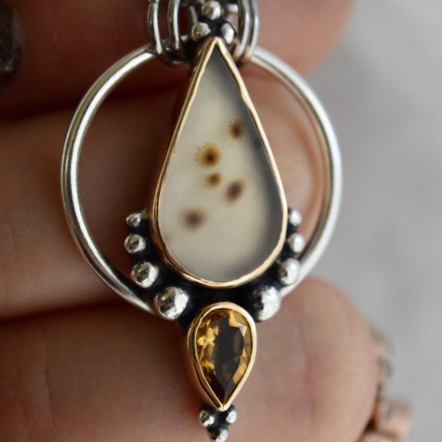 Pendulum Pendant with Scenic Dendritic Agate, Gold Fill, and Citrine
