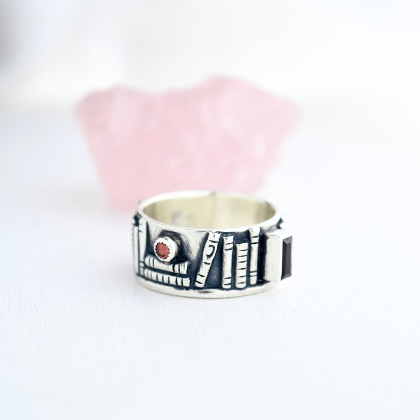 Bookshelf Ring Band with Garnet Size 6.75/7