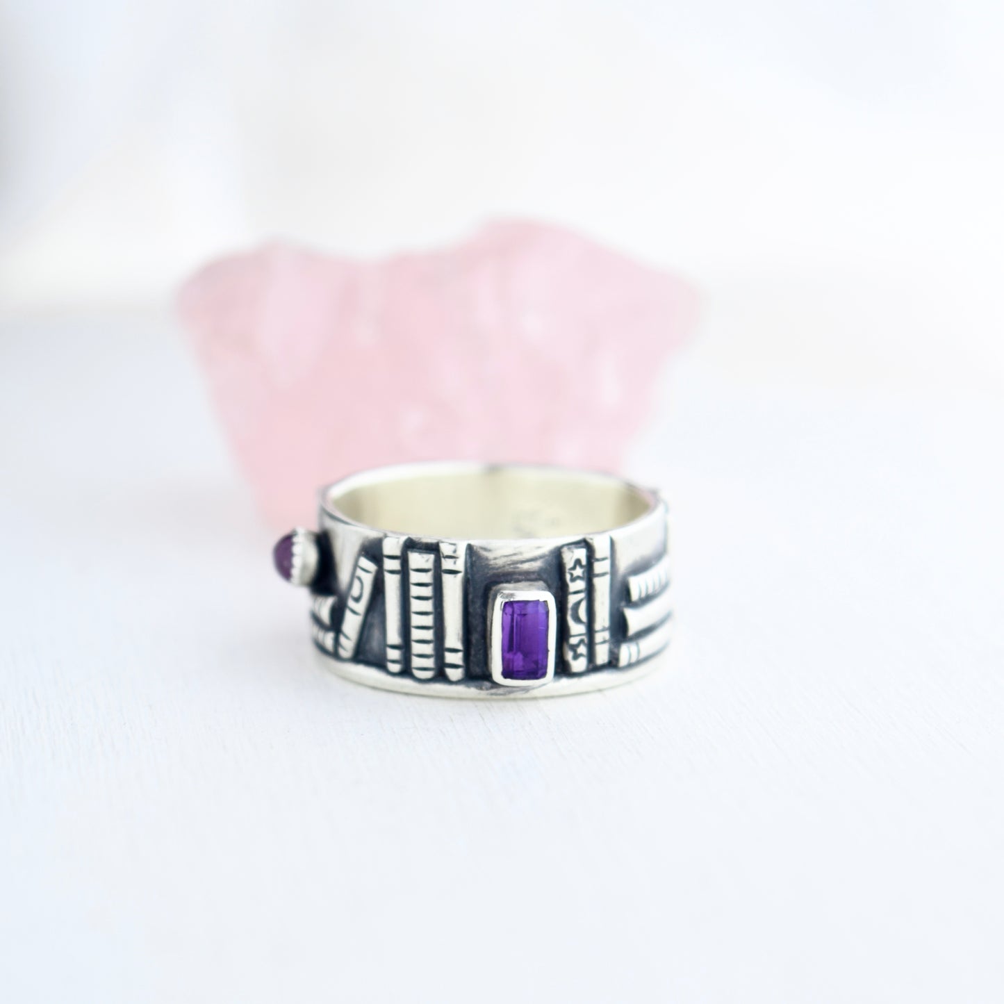 Bookshelf Ring Band with Amethyst and Pink Sapphire Size 8.25/8.5
