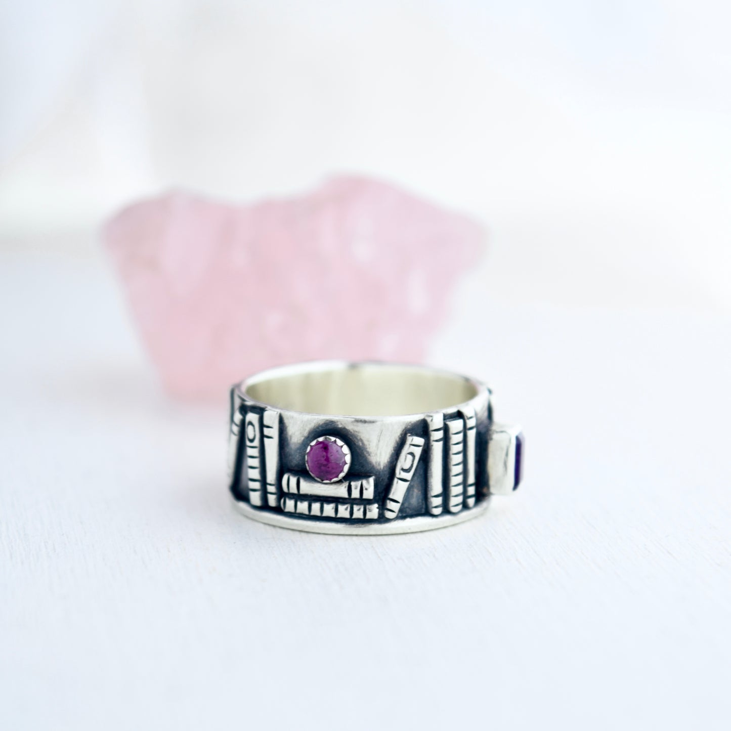 Bookshelf Ring Band with Amethyst and Pink Sapphire Size 8.25/8.5