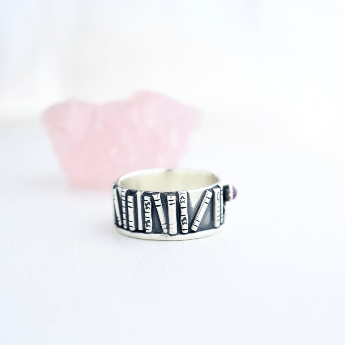 Bookshelf Ring Band with Amethyst and Pink Sapphire Size 8.25/8.5