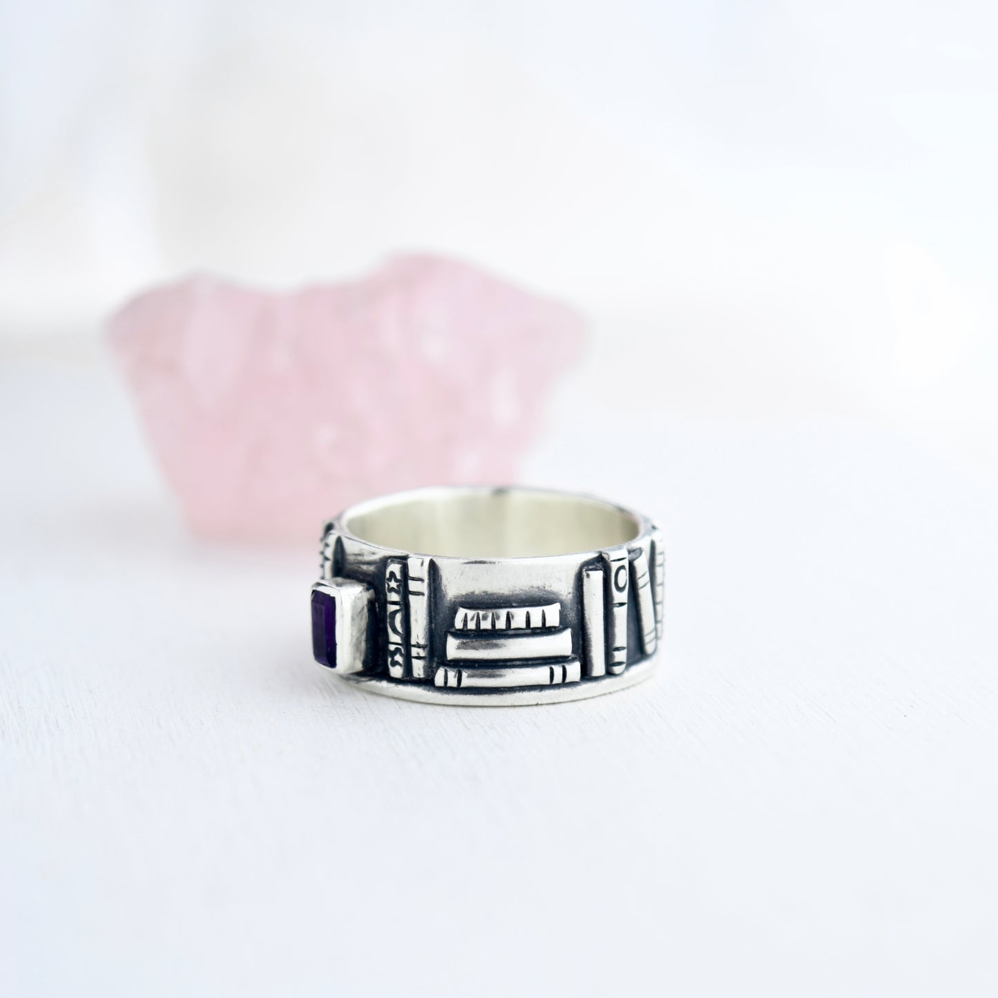 Bookshelf Ring Band with Amethyst and Pink Sapphire Size 8.25/8.5