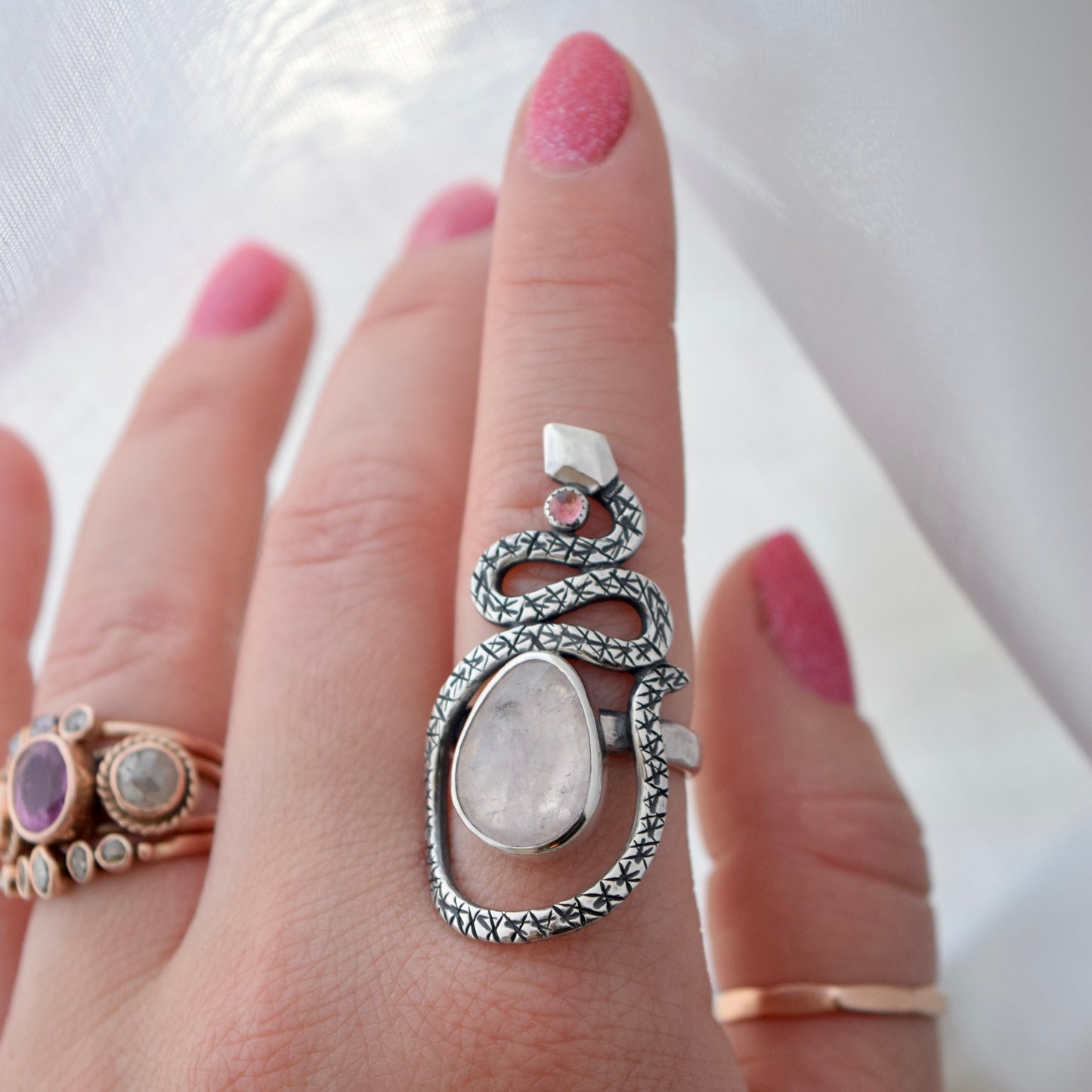 Serpent Ring with Morganite and Tourmaline size 7.75