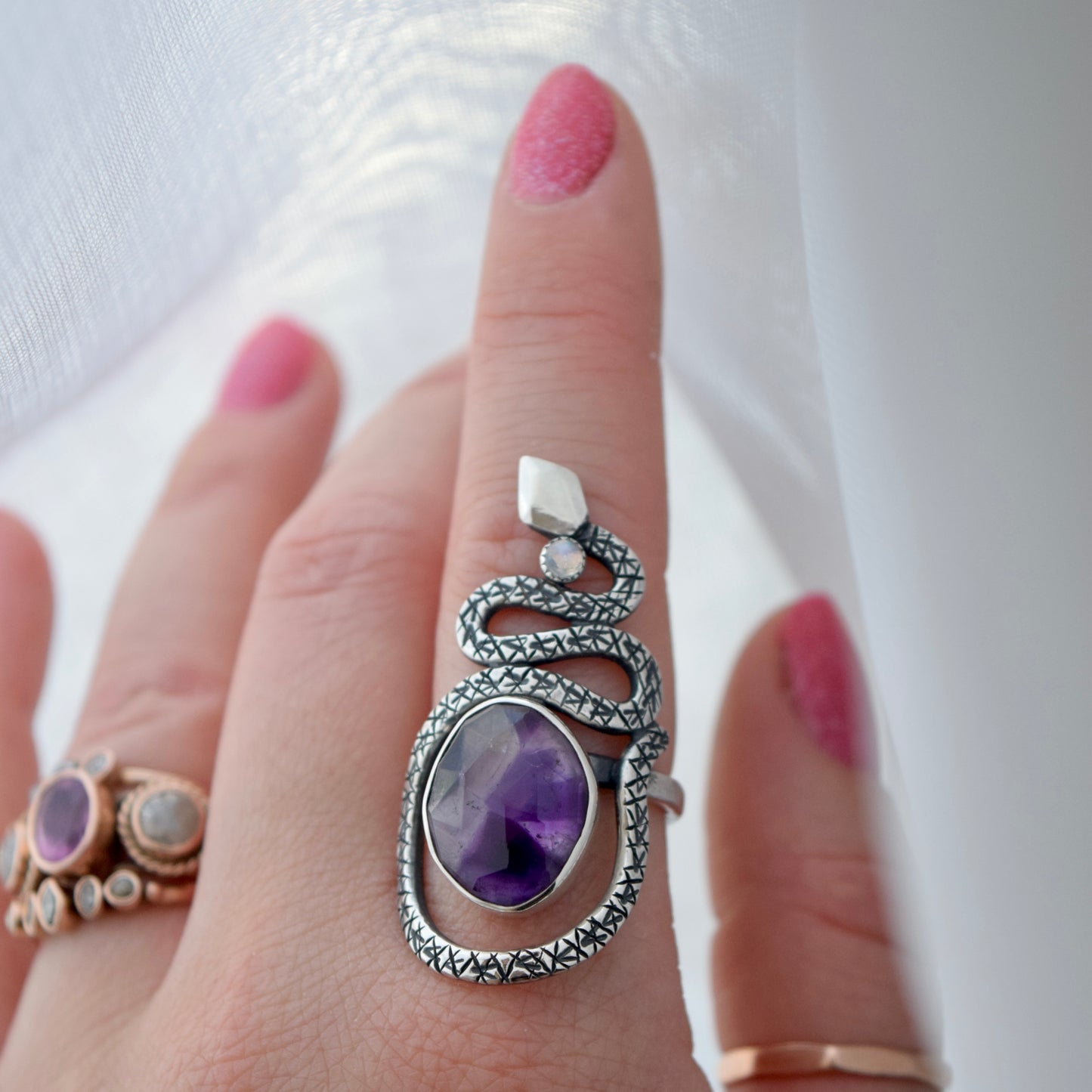 Serpent Ring with Atomic Amethyst and Rainbow Moonstone size 7
