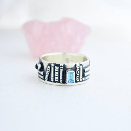 Bookshelf Ring Band with Topaz and Blue Tourmaline Size 9.5/9.75