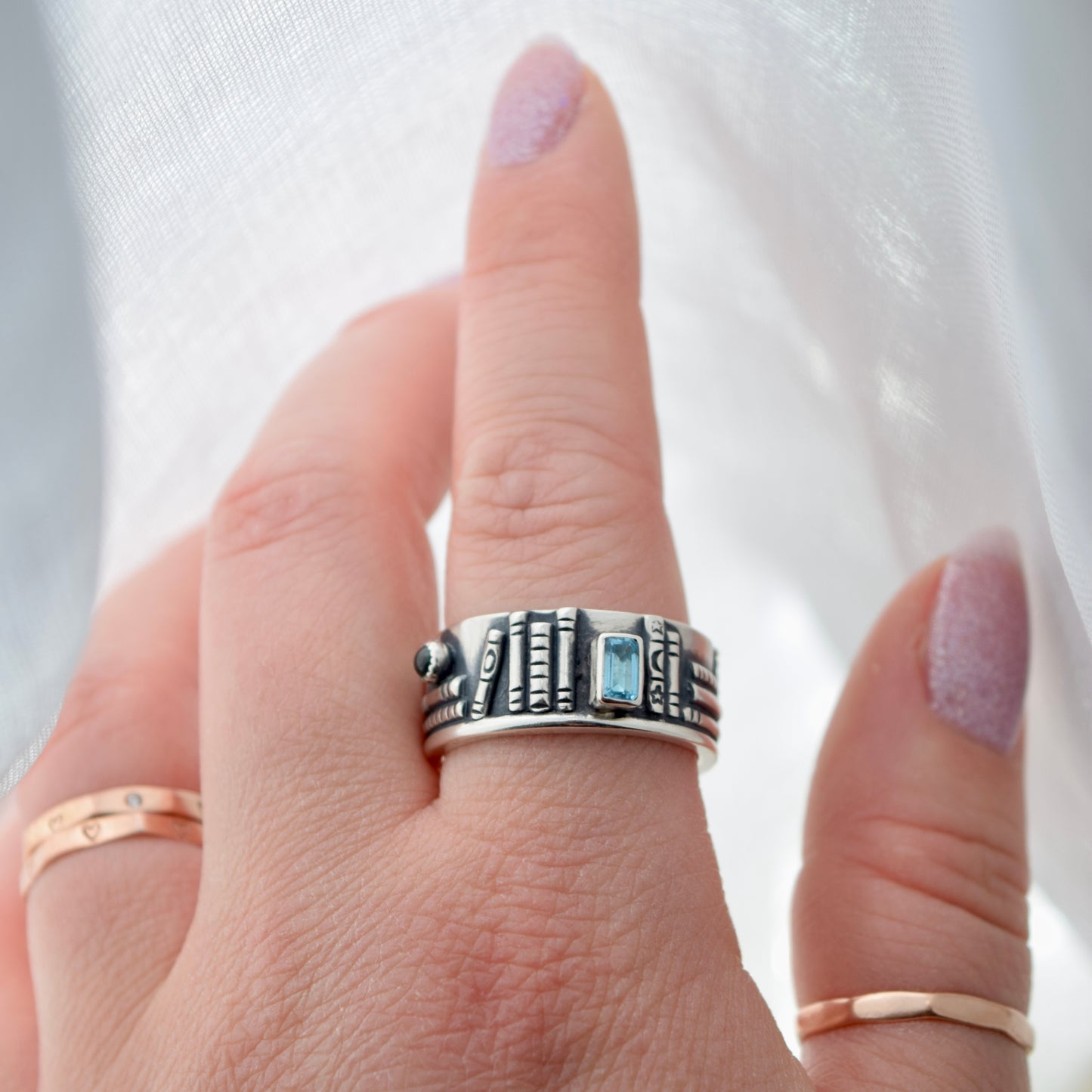 Bookshelf Ring Band with Topaz and Blue Tourmaline Size 9.5/9.75