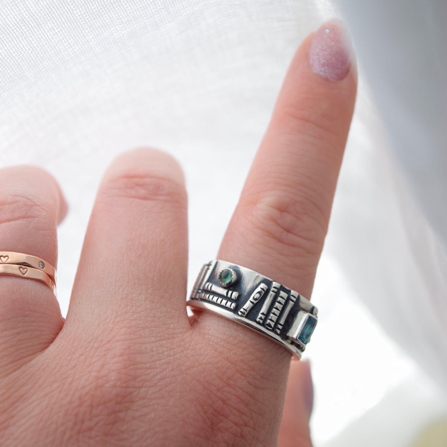 Bookshelf Ring Band with Topaz and Blue Tourmaline Size 9.5/9.75