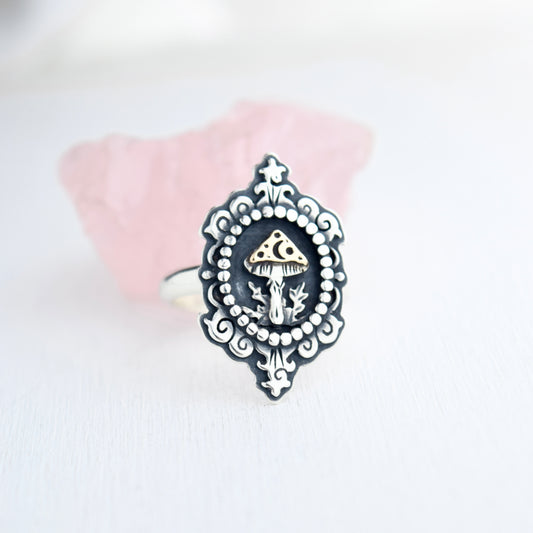 Midnight Mushroom Cameo Ring with Yellow Gold Fill Size 8