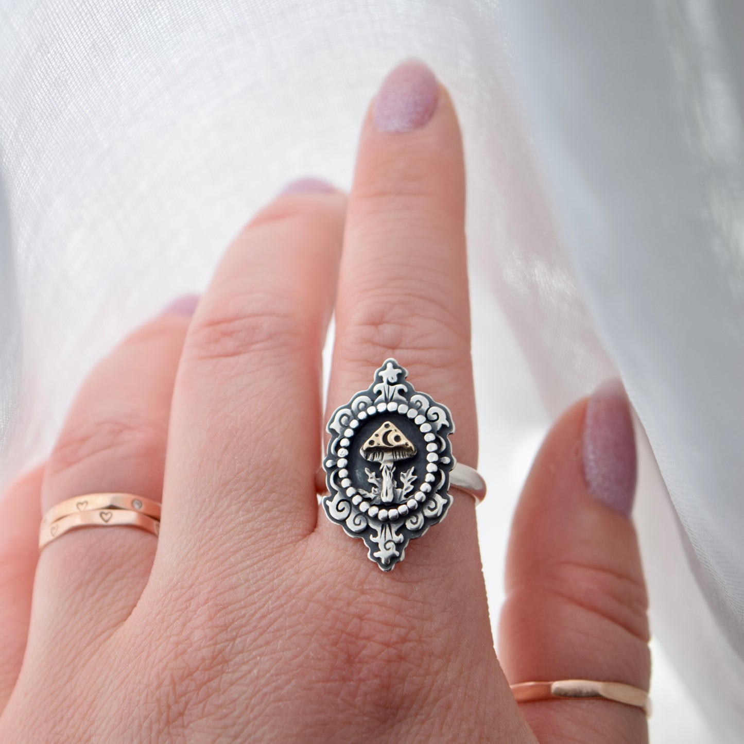 Midnight Mushroom Cameo Ring with Yellow Gold Fill Size 8