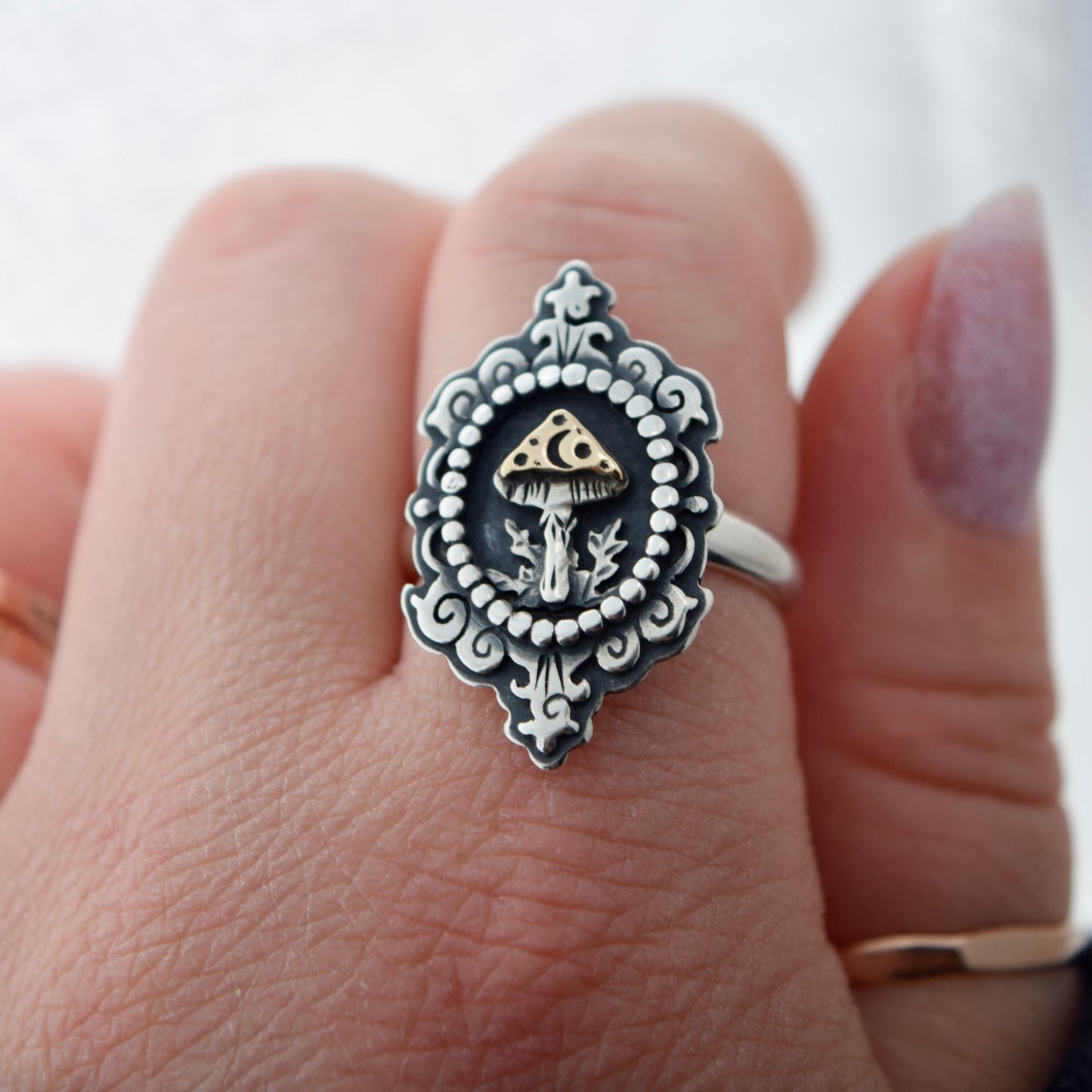 Midnight Mushroom Cameo Ring with Yellow Gold Fill Size 8