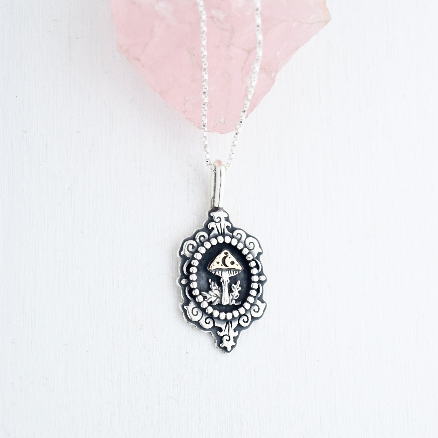 Midnight Mushroom Cameo Necklace with Yellow Gold Fill