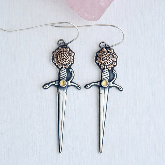 Sunflower Sword Earrings with Bronze and Citrine
