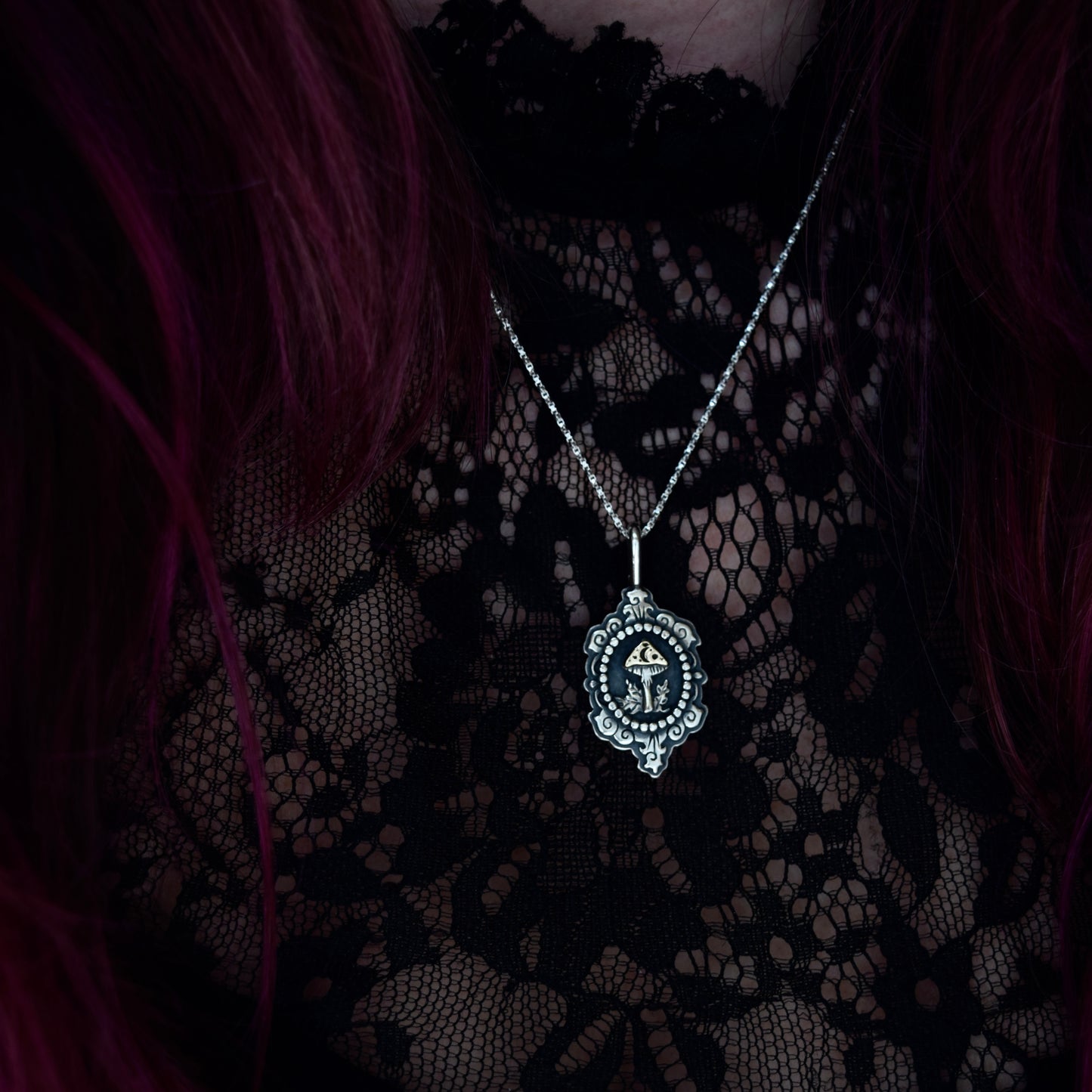 Midnight Mushroom Cameo Necklace with Yellow Gold Fill