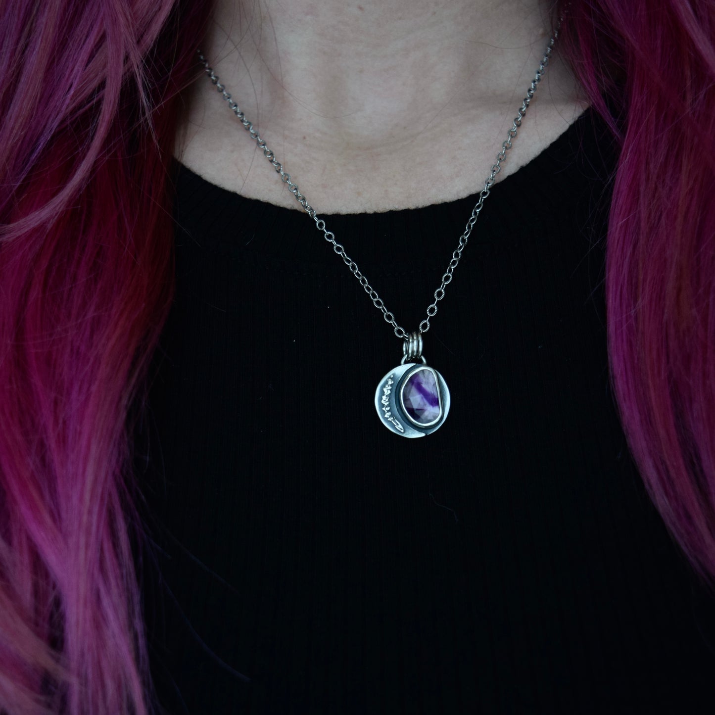 Double Sided Lavender Lunar Phase Pendant with Atomic Amethyst