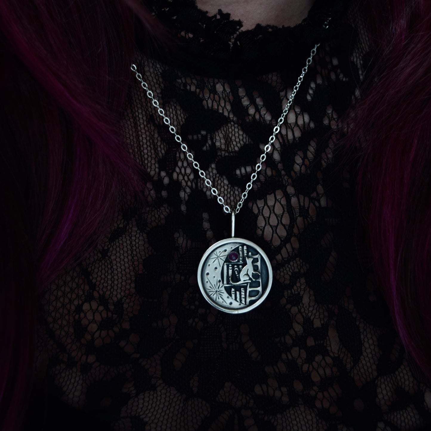 Lunar Library Necklace with Pink Sapphire