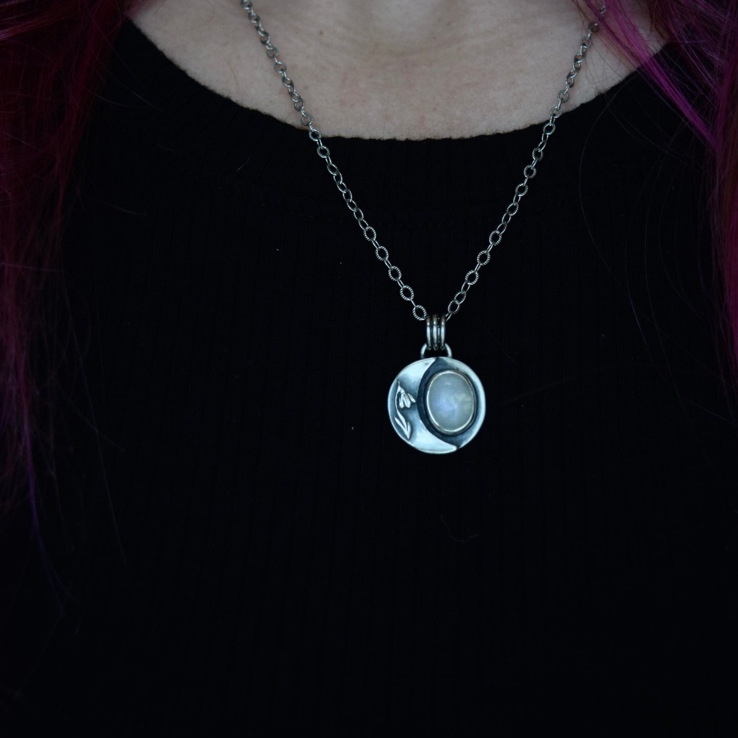 Double Sided Snowdrop Lunar Phase Pendant with Rainbow Moonstone