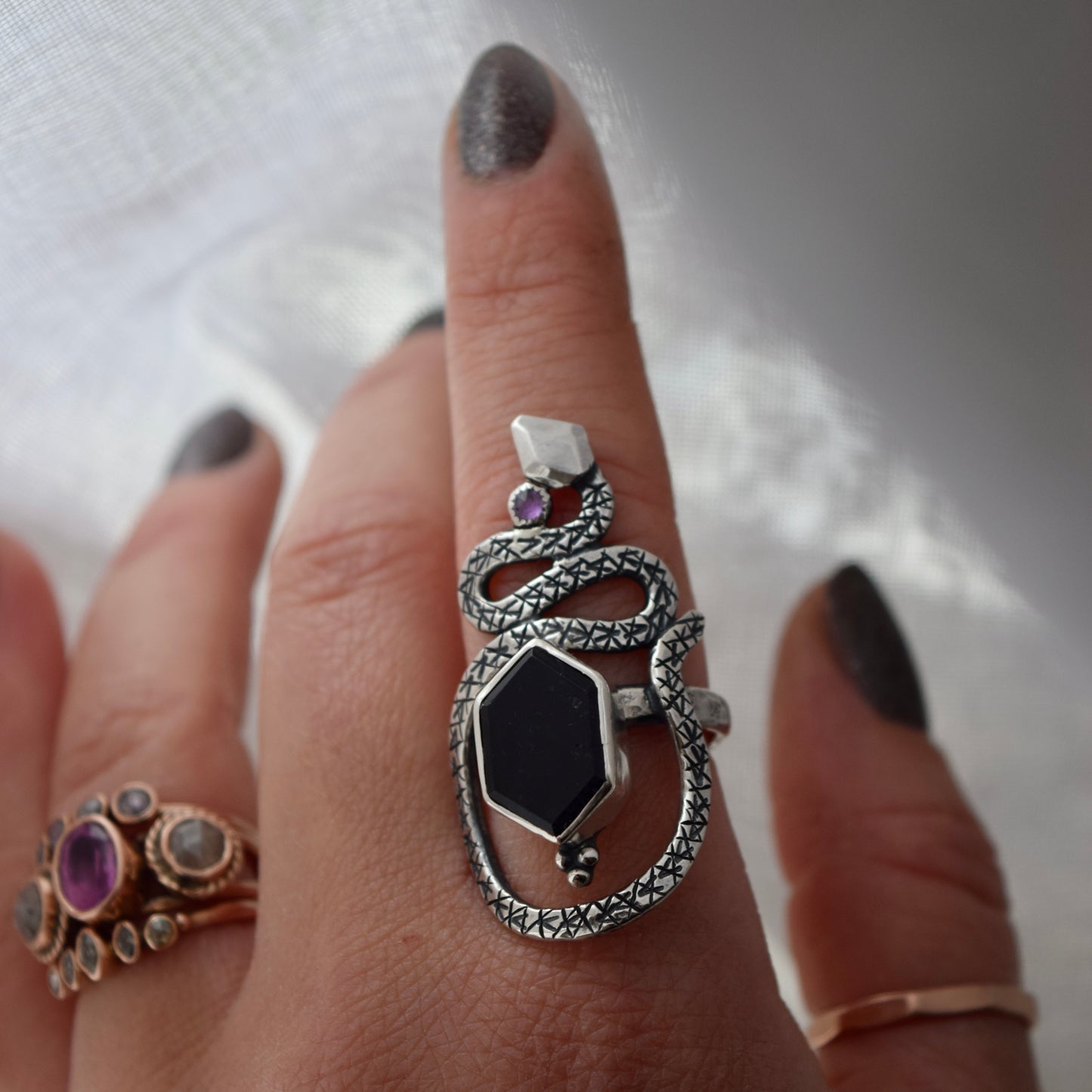 Serpent Ring with Iolite and Amethyst size 8