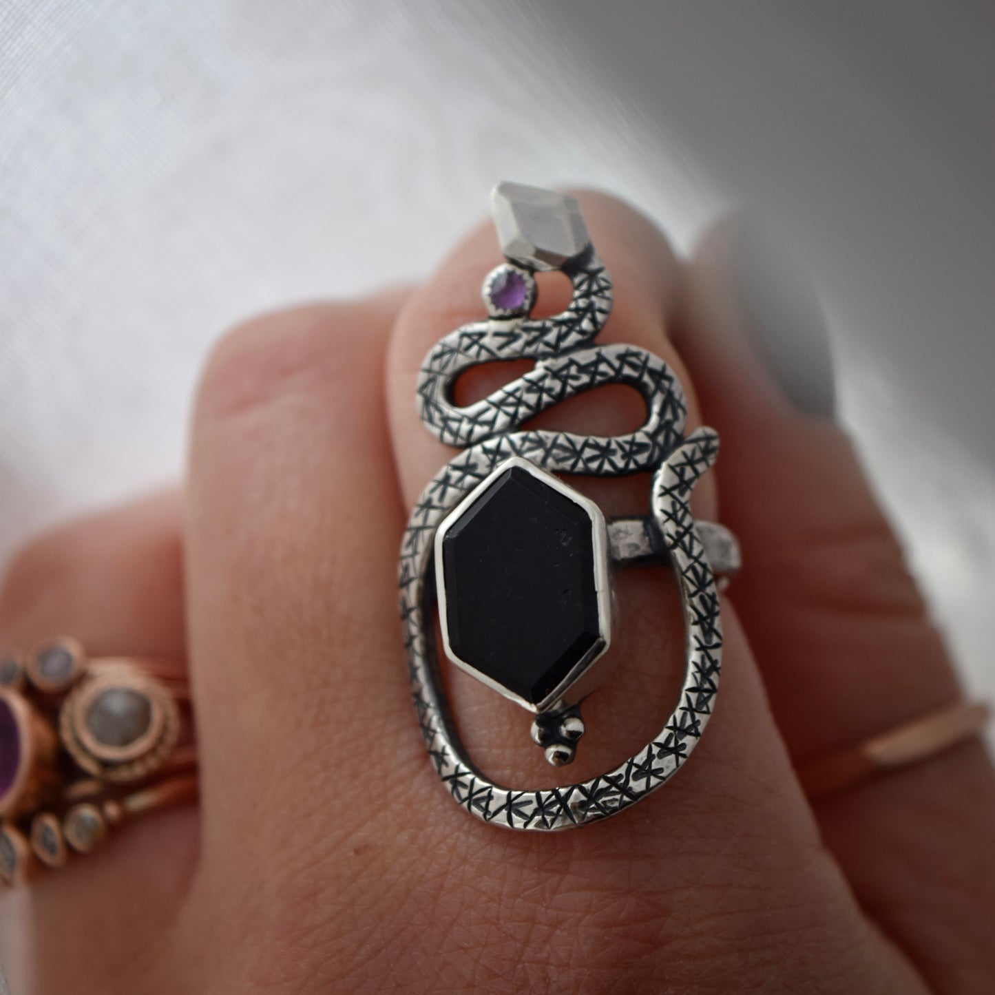 Serpent Ring with Iolite and Amethyst size 8