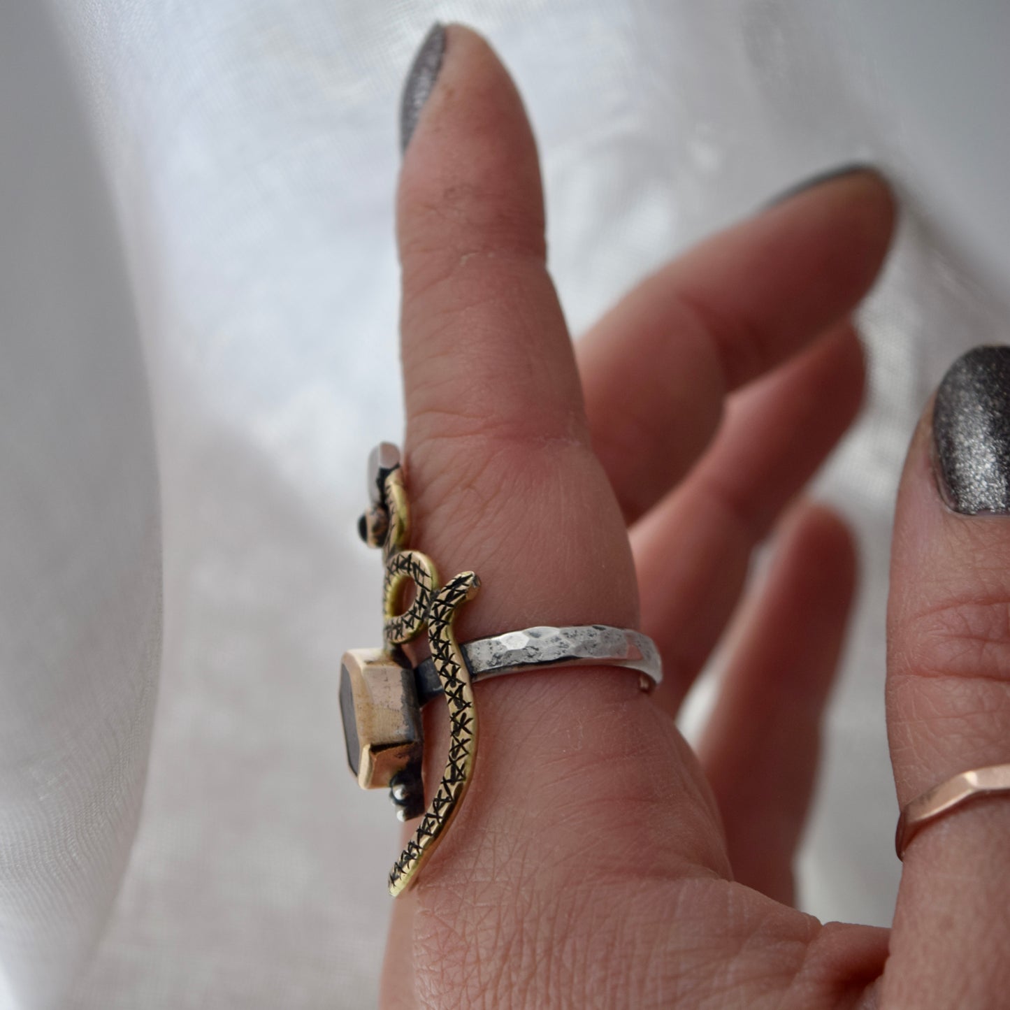 Serpent Ring with Rutilated Quartz, Black Onyx, and Gold Fill Size 8
