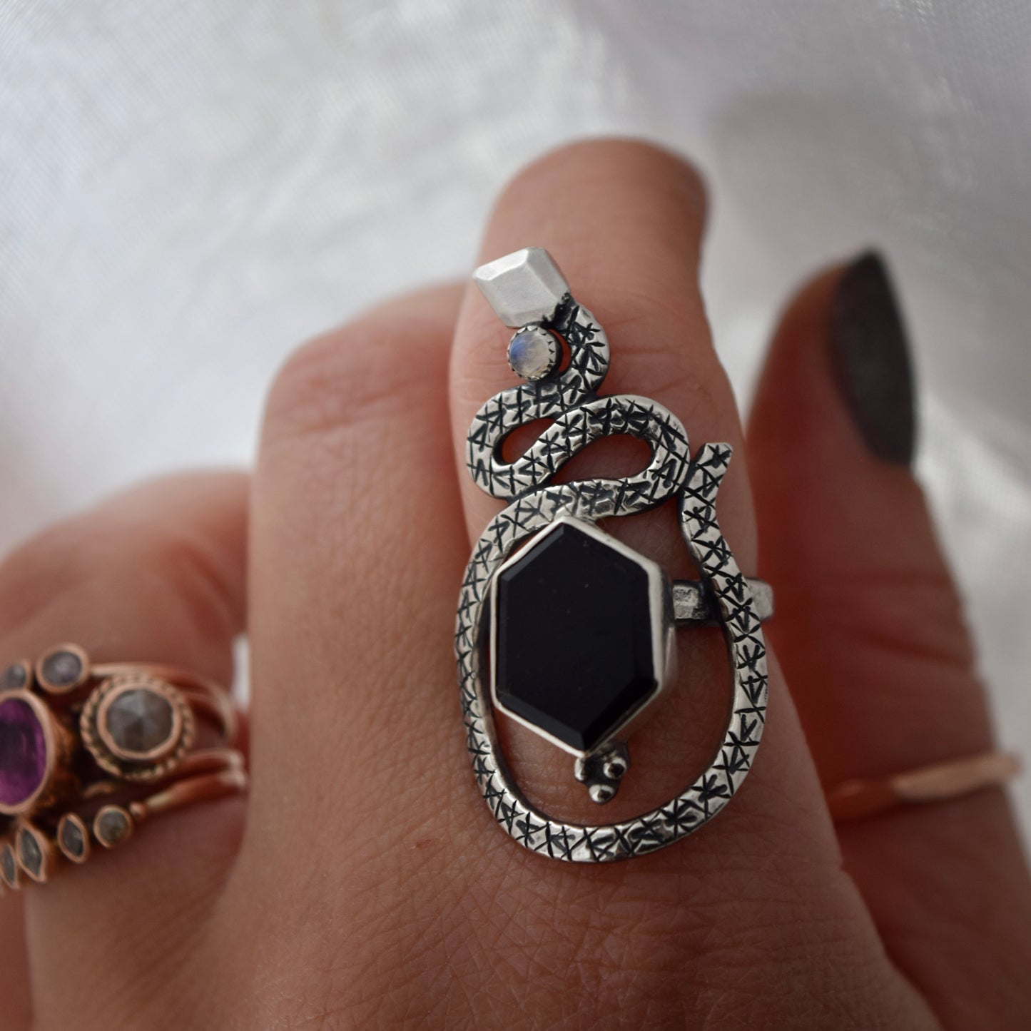 Serpent Ring with Iolite and Rainbow Moonstone size 7