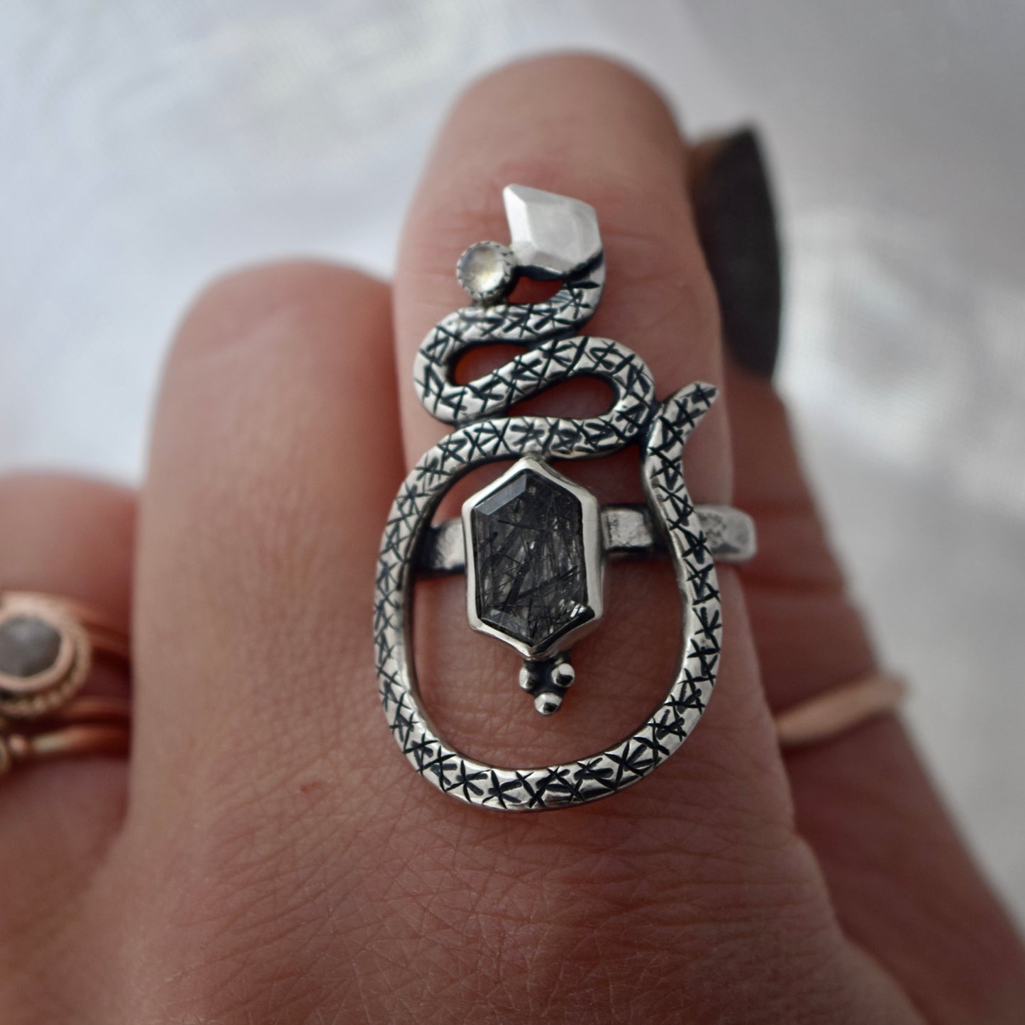 Serpent Ring with Rutilated Quartz and Rainbow Moonstone Size 9