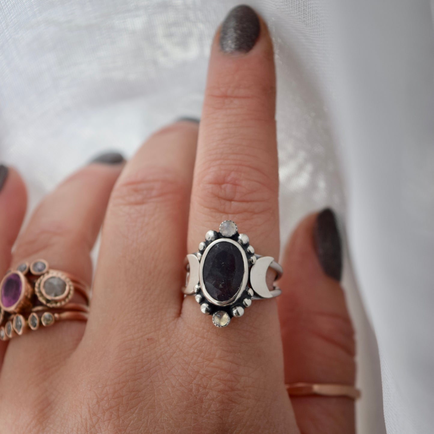 Gothic Garden Statement Ring with Iolite and Rainbow Moonstone size 6.5