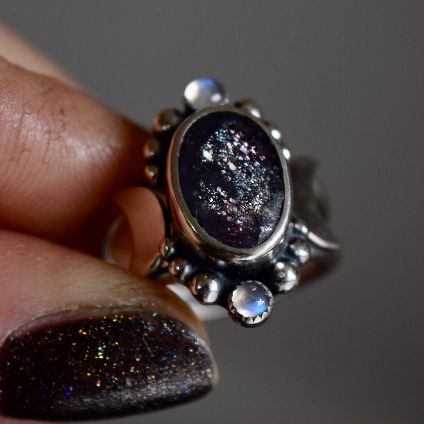 Gothic Garden Statement Ring with Iolite and Rainbow Moonstone size 6.5