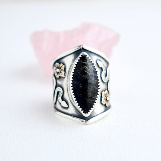 Flora and Serpent Shield Ring with Obsidian and Rose Gold Fill Size 7
