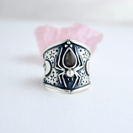 Lady Arachnid Shield Ring with Sapphire Size 8.5/8.75