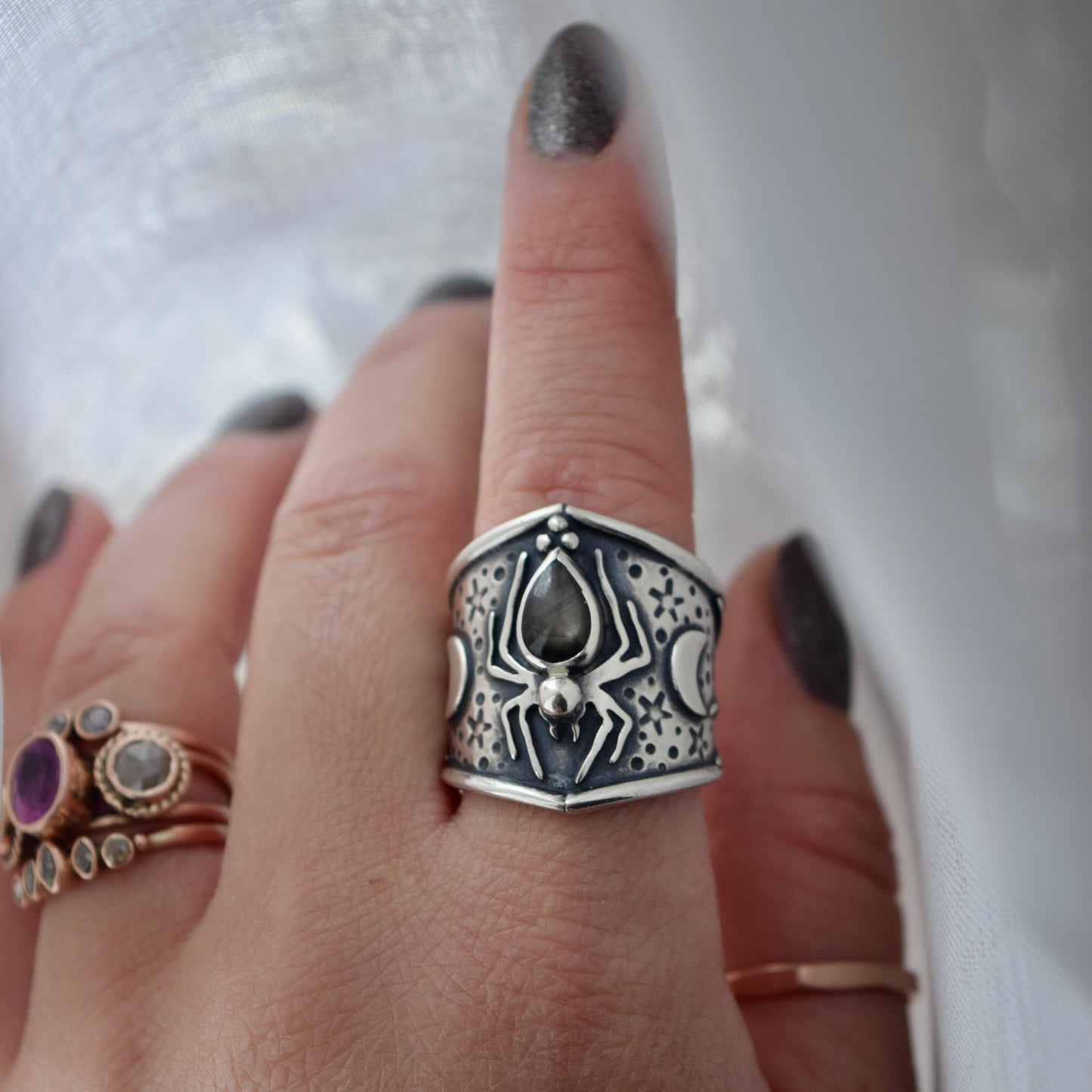 Lady Arachnid Shield Ring with Sapphire Size 8.5/8.75