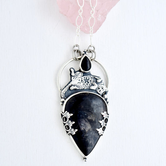 Paw Prints Statement Pendant with Iolite and Black Onyx