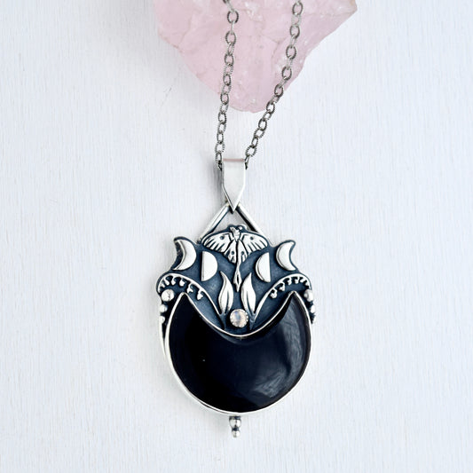 Midnight Flight Necklace with Black Onyx and Rainbow Moonstone