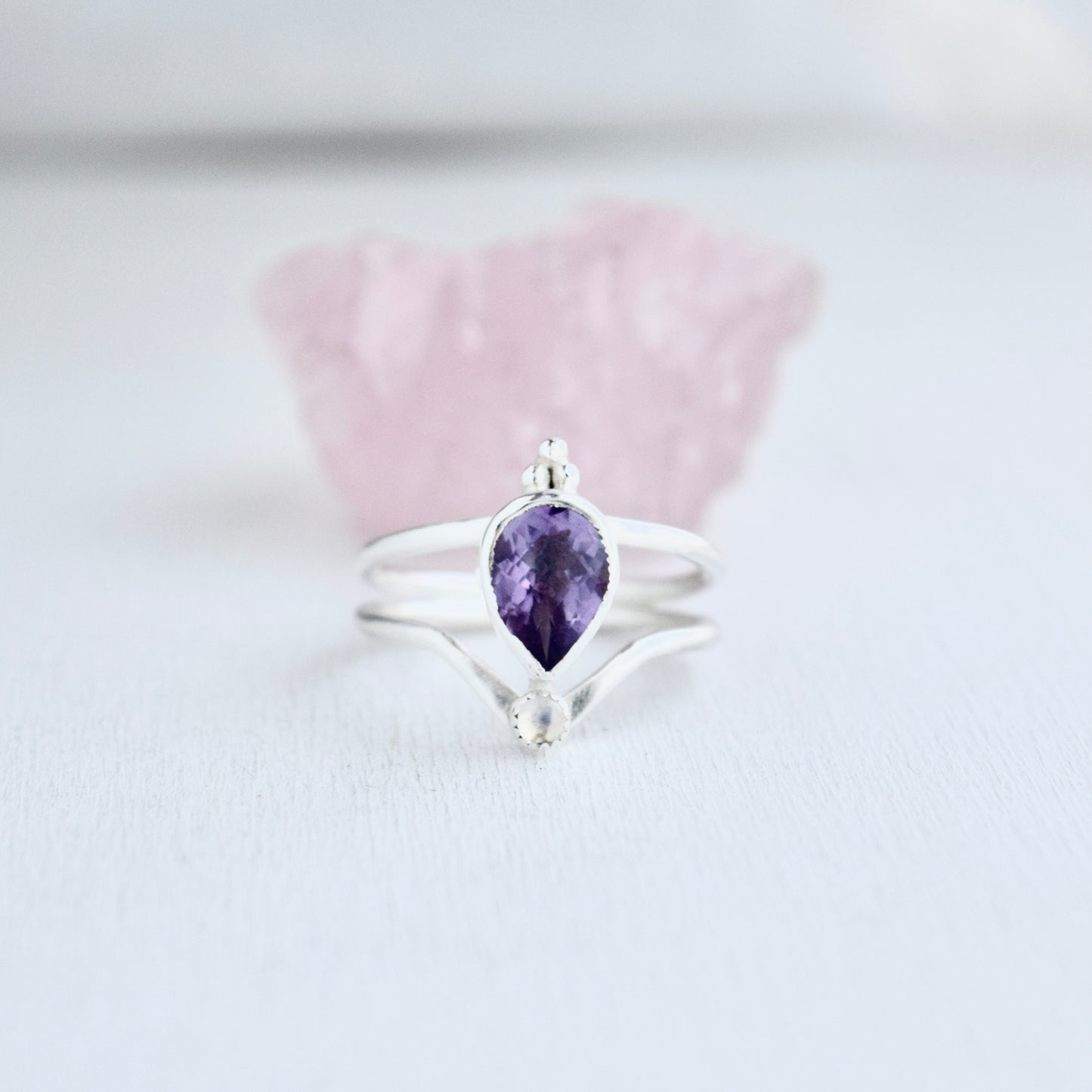 Starry Eyed Ring with Amethyst and Rainbow Moonstone size 9