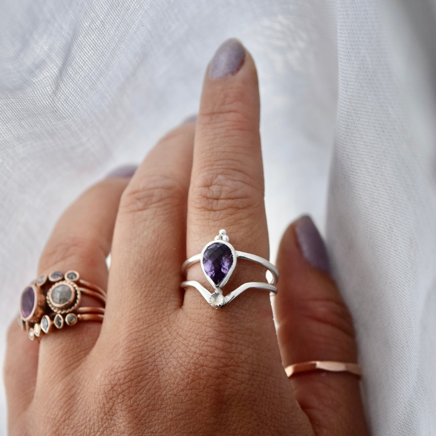 Starry Eyed Ring with Amethyst and Rainbow Moonstone size 9