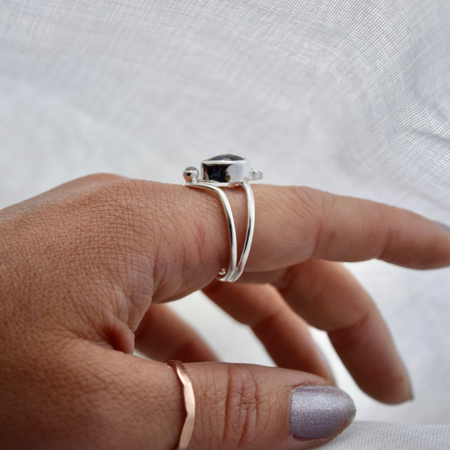 Starry Eyed Ring with Amethyst and Rainbow Moonstone size 9