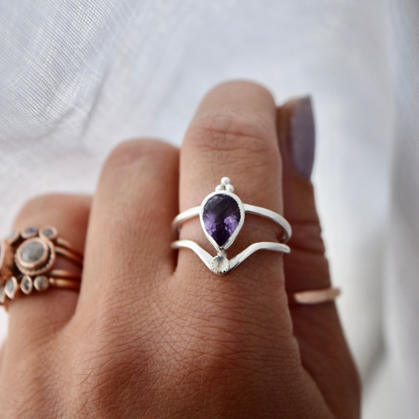 Starry Eyed Ring with Amethyst and Rainbow Moonstone size 9