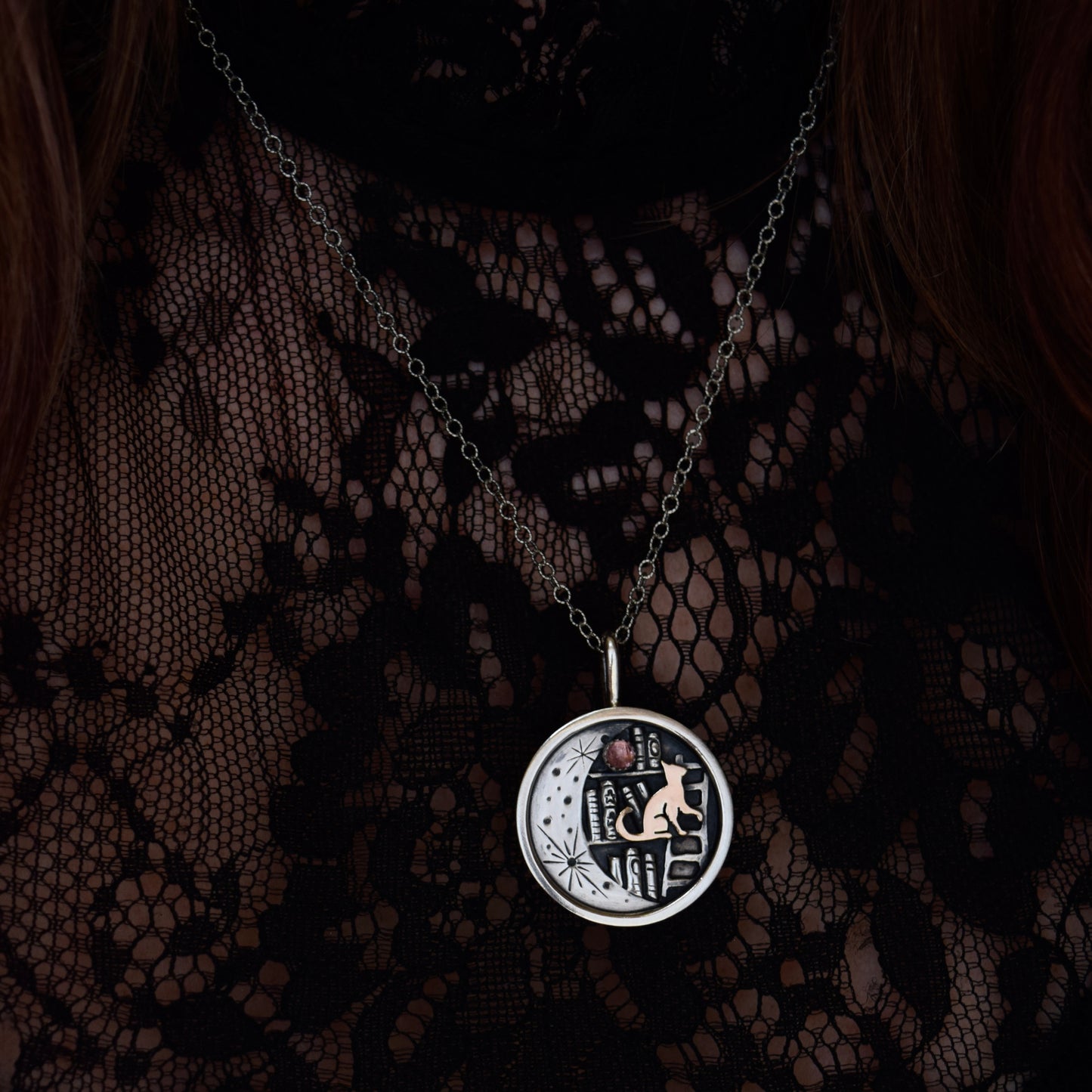 Lunar Library Necklace with Pink Tourmaline and Gold Fill