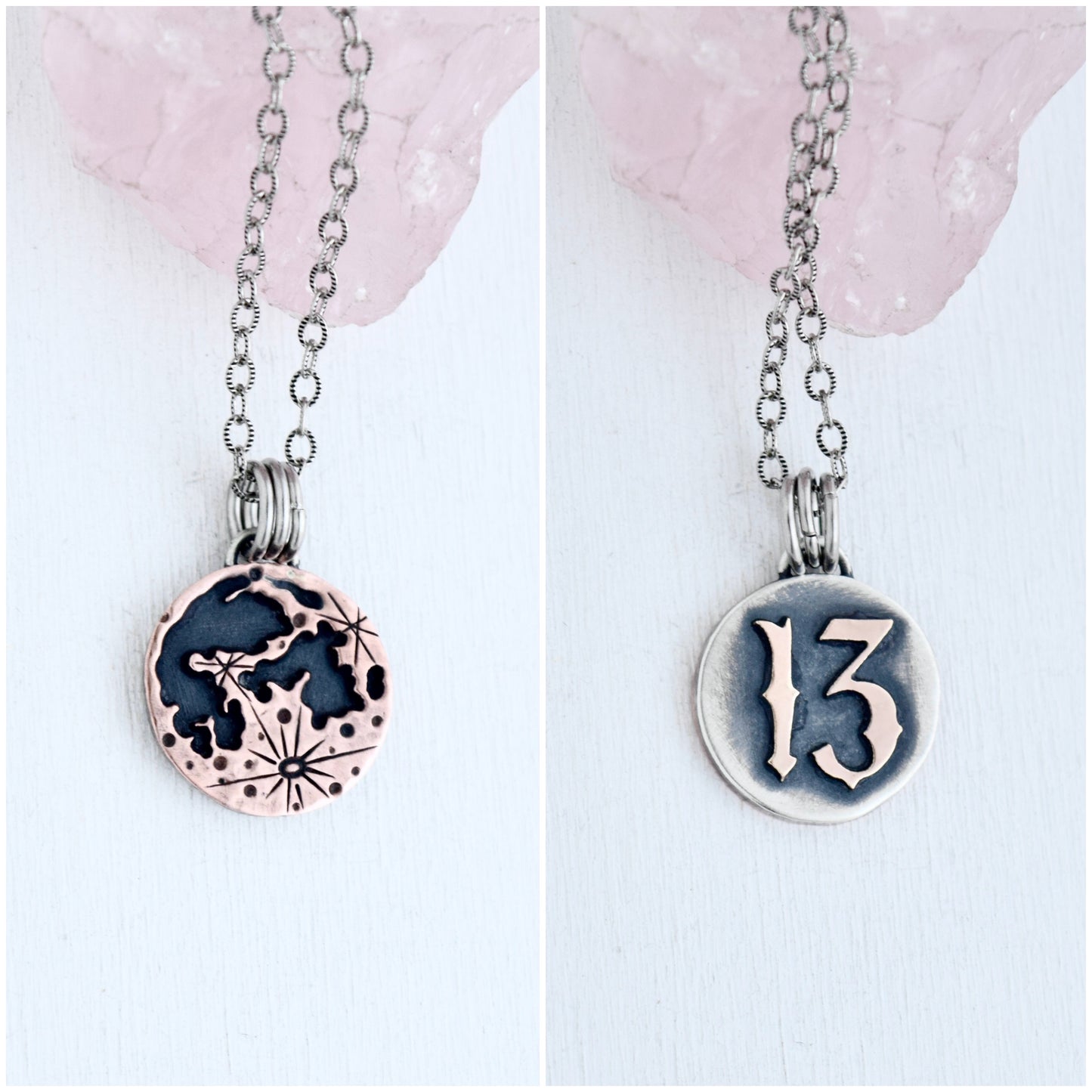 Double sided Lunar Phase Pendant with Copper and Gold Fill