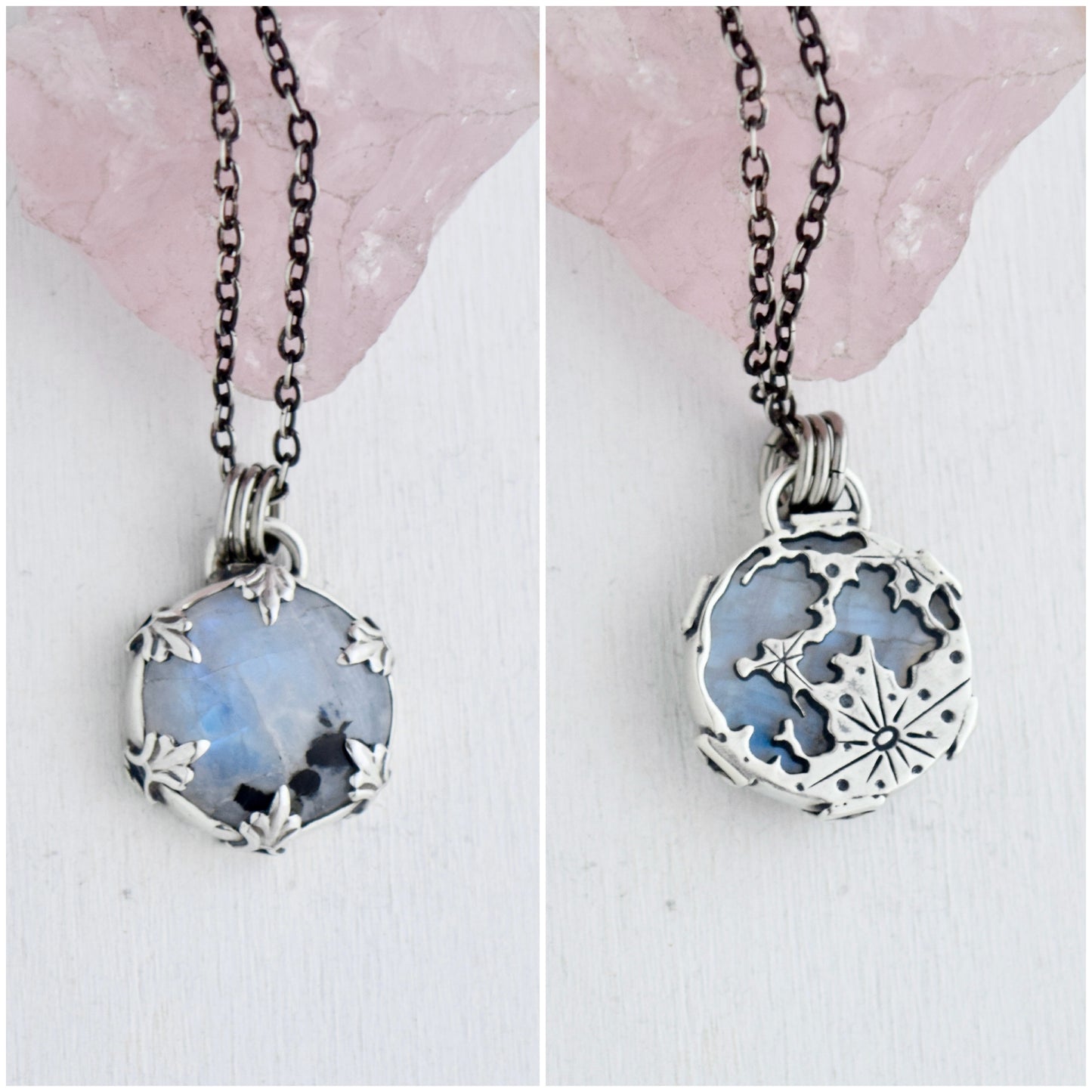 Double Sided Full Moon Rainbow Moonstone Necklace