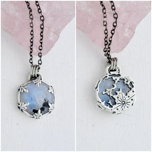 Double Sided Full Moon Rainbow Moonstone Necklace