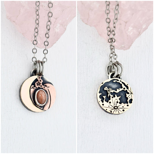 Double Sided Harvest Lunar Necklace with Gold Fill and Copper