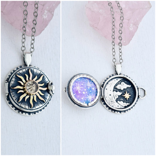 Solar Armor Locket with Gold Fill and Golden Rutilated Quartz