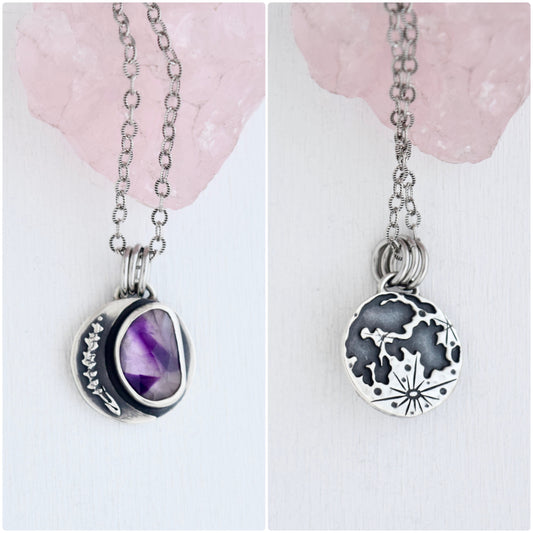 Double Sided Lavender Lunar Phase Pendant with Atomic Amethyst