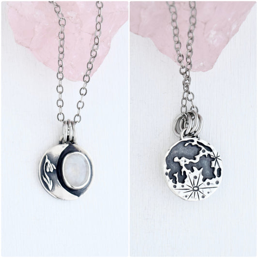 Double Sided Snowdrop Lunar Phase Pendant with Rainbow Moonstone