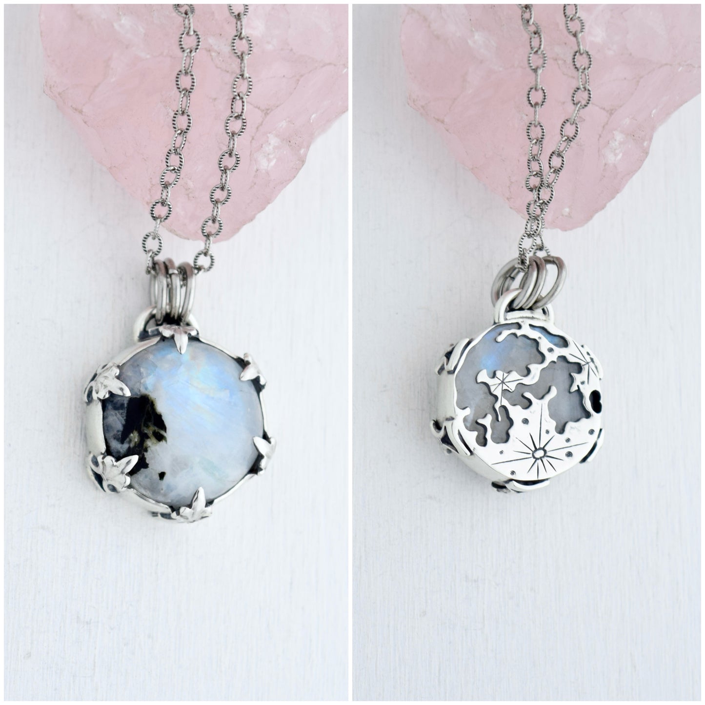 Double Sided Full Moon Rainbow Moonstone Necklace